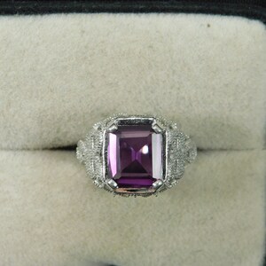 4.28 ct. Synthetic Purple Alexandrite Ring Art Deco Style Sterling Silver