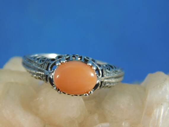 1.13 ct. Oval Pink Cabochon Coral Ring Art Deco S… - image 2