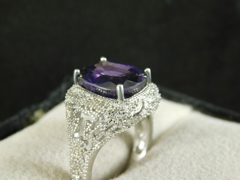 11.30 ct Cushion Synthetic Alexandrite Ring Art Deco Style Sterling Silver