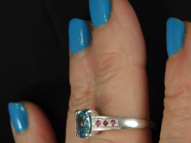 Custom 3.68 ct. Round Blue Topaz and Ruby Ring Sterling Silver image 8