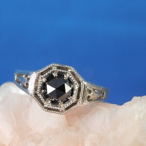 1.10 ct. Round Rose Cut Black Diamond Engagement Ring 1920's Filigree Style Sterling Silver