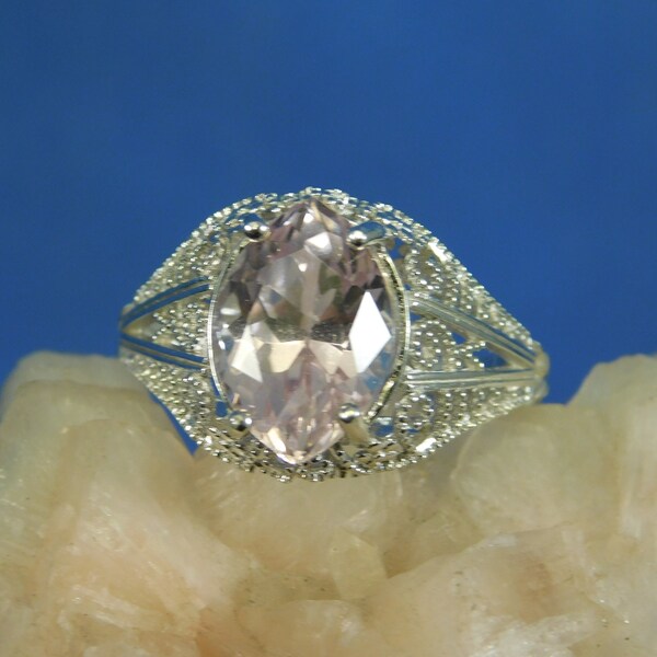 Huge 5.10 ct. Marquise Kunzite Ring Art Deco Filigree Ring Sterling Silver