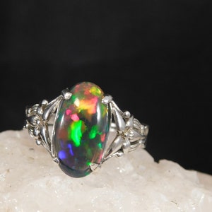 1.27 ct. Oval Cabochon Black Opal Ring Art Deco Lily Filigree Style Sterling Silver