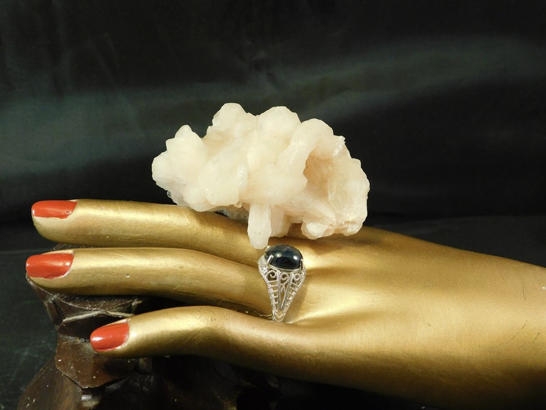 Huge 6.82 ct Distinct Oval Black Star Sapphire Ring Art Deco Style Sterling Silver