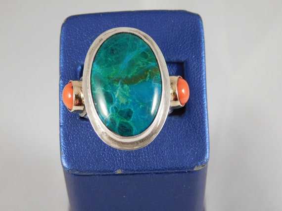 Custom Oval Chrysocolla and Red Coral Sterling Si… - image 1