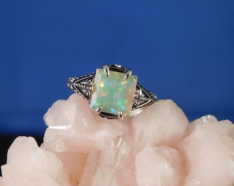 1.45 Ct. Square Faceted Australian Opal 1920's Style Filigree Ring Sterling Silver