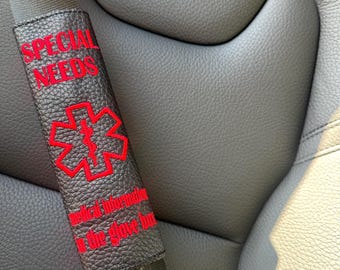Personalised custom made faux leather car belt cover medical Special Needs alert emergency information