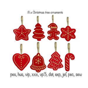 Handgefertigter wunderschöner Weihnachtsbaumschmuck aus rotem Filz, bestickte Ornamente, 8er-Set, Lebkuchenmann, Herz, Schneeflocke, Glocke, Zuckerstange