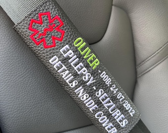 Personalisierte maßgeschneiderte faux Leder Auto Gürtel Abdeckung medizinische Warnung Epilepsie, Krampfanfälle