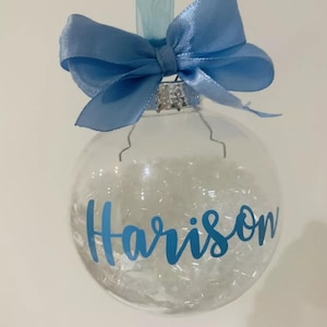 Personalised Beautiful Christmas tree decoration, bauble, ornament 3 inch Blue and white with a bow secret Santa gift baby boy