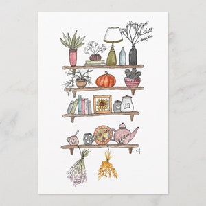 Carte,  impression à partir de mon illustration aquarelle étagère automne cosy