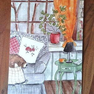 Carte double,  impression d'art,  aquarelle intérieur cosy, chien endormi sur le canapé