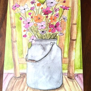 Carte double,  impression d'art,  aquarelle cosy, bouquet de fleurs d'été