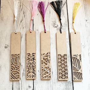 Set of 5 Wood Designed Handmade Bookmarks with Tassels Abstract Art - Kids & Adults - Unique Gifts For Booklover Reader Pages Wooden