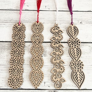Set of 4 Wood Mandala Designed Bookmarks With Tassels - Unique Cute Lasered Book Marks For Kids & Adults - Gift Book Lover