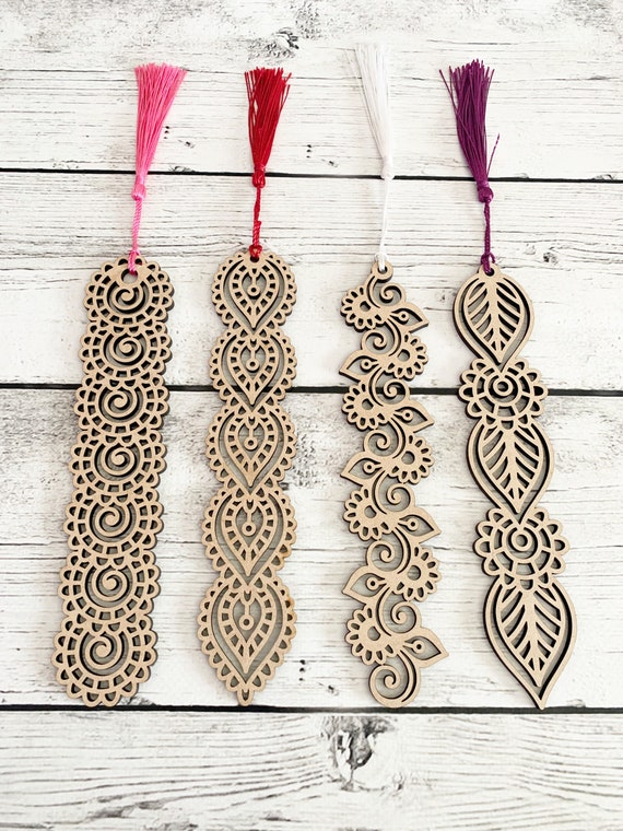 Set of 4 Wood Mandala Designed Bookmarks With Tassels Unique Cute Lasered  Book Marks for Kids & Adults Gift Book Lover 