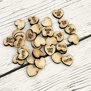 50 Wooden Conversation Hearts for Projects - Valentine&#39;s Day Crafts CutOuts - Art Table Confetti Scatter Decor Crafting