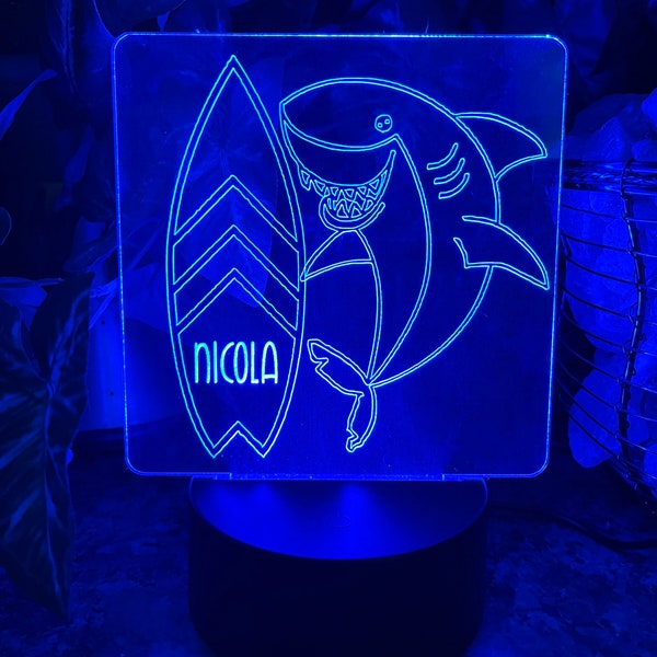 Shark with Surf Board Personalized LED Night Light - Gift For Boys - Desk Lamp Neon Acrylic Sea Ocean Animal