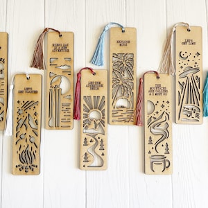 Adventure Wood Bookmarks with Tassels - Set of 8 - Mountains Explore Camping Nature Outdoor Wander Path Animals Hiking Sunrise Sunset