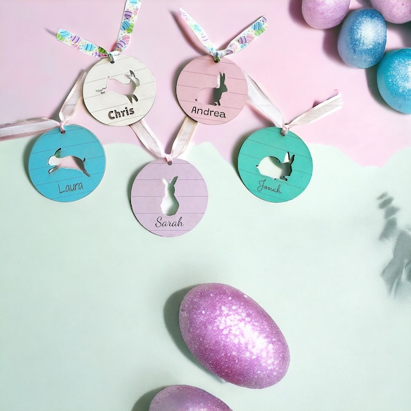 Easter Basket Wood Custom Tags - Shiplap Pastel Colors Hand Painted Personalized For Kids