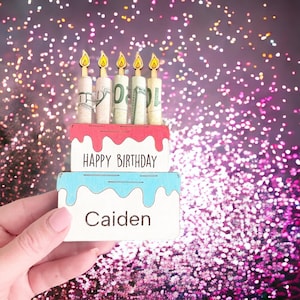 Birthday Cake Wood Money Holder - Personalized With Name  - Cash Present - Reusable Party Decor - Holiday Gift For Kids Adults