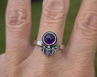 Bat and Amethyst Sterling Silver Ring- Size 7.75 Free Shipping!