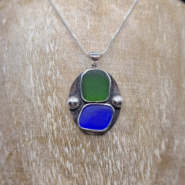 Duo Green and Cobalt Blue Puerto Rico Seaglass Bezel Necklace- Sterling Silver- Free Shipping! (#374)