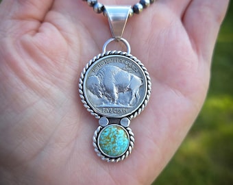 Buffalo Nickel and Number 8 Turquoise Sterling Silver Pendant