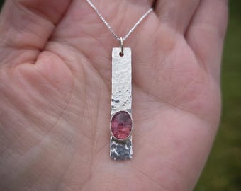 Pink Tourmaline and Sterling Silver Drop Bar Necklace- Free Shipping!