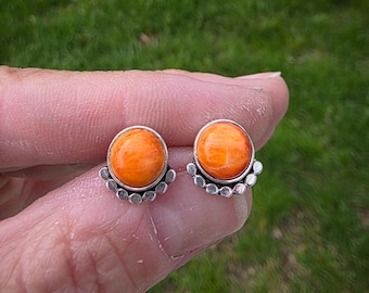 Orange Spiny Oyster Shell Stud Earrings, Sterling Silver