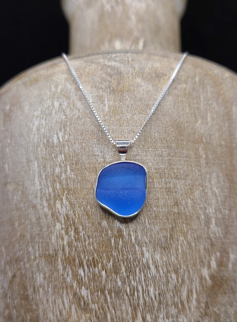 Sterling Silver Cornflower Blue Ridged Puerto Rico Seaglass Bezel Necklace Free Shipping! #66