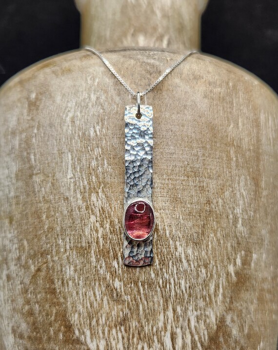 Pink Tourmaline and Sterling Silver Drop Bar Necklace- Free Shipping!