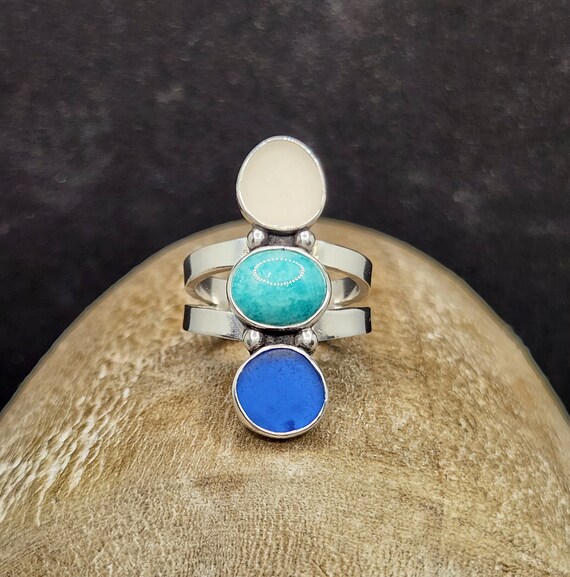 3 Stone Seaglass and Amazonite Ring- Sterling Silver- Size 7.25 (#784)