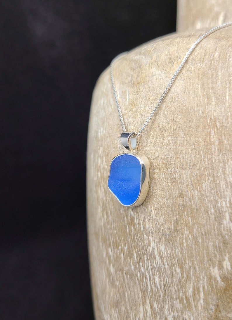 Sterling Silver Cornflower Blue Ridged Puerto Rico Seaglass Bezel Necklace Free Shipping! #66