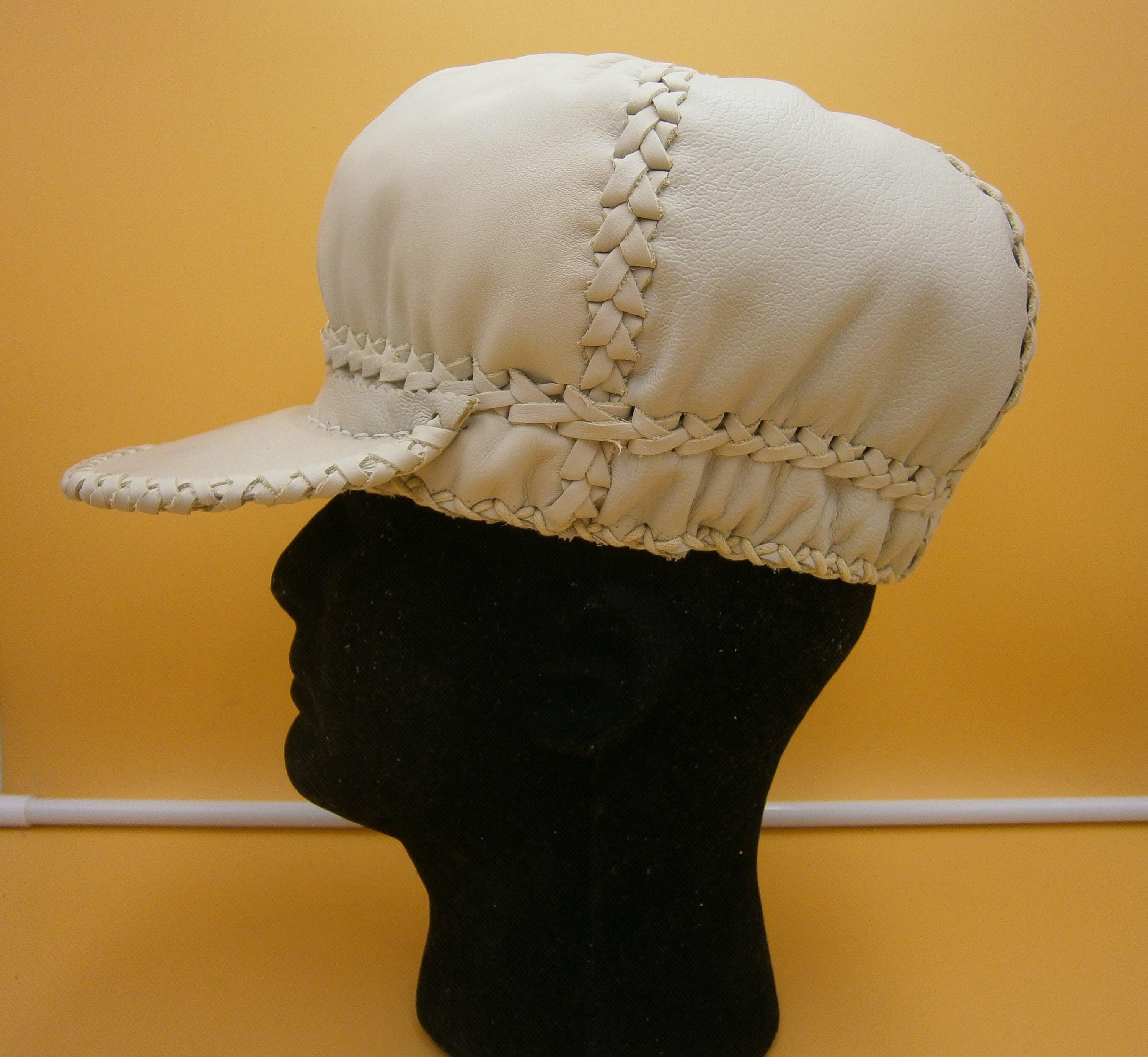 Beige Leather Rasta Cap With Platted 