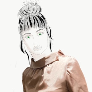 May include: Digital illustration of a woman with green eyes and a high bun hairstyle. She is wearing a light brown satin blouse with a high collar. The artwork is a digital drawing with black and white line art and colour accents.