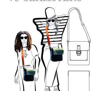 Könnte beinhalten: Illustration von zwei Figuren mit Kartentaschen und orangefarbenen Trägern. Der Text "VJ SEAMSTERS" und "MAP BAG 2002" ist zu sehen. Eine Figur trägt ein gestreiftes Oberteil.