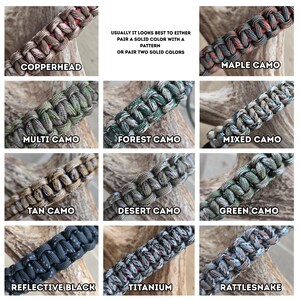 K&ouml;nnte beinhalten: Nahaufnahme von neun verschiedenen Paracord-Armbandmustern. Die Muster umfassen Copperhead, Maple Camo, Multi Camo, Forest Camo, Mixed Camo, Tan Camo, Desert Camo, Green Camo, Reflective Black, Titanium und Rattlesnake. Der Text im Bild lautet: &bdquo;NORMALERWEISE IST ES AM BESTEN, ENTWEDER EINE UNIFARBE MIT EINEM MUSTER ODER ZWEI UNIFARBEN ZU KOMBINIEREN.&ldquo;