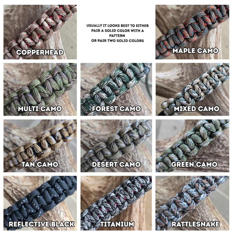 K&ouml;nnte beinhalten: Nahaufnahme von neun verschiedenen Paracord-Armbandmustern. Die Muster umfassen Copperhead, Maple Camo, Multi Camo, Forest Camo, Mixed Camo, Tan Camo, Desert Camo, Green Camo, Reflective Black, Titanium und Rattlesnake. Der Text im Bild lautet: &bdquo;NORMALERWEISE IST ES AM BESTEN, ENTWEDER EINE UNIFARBE MIT EINEM MUSTER ODER ZWEI UNIFARBEN ZU KOMBINIEREN.&ldquo;