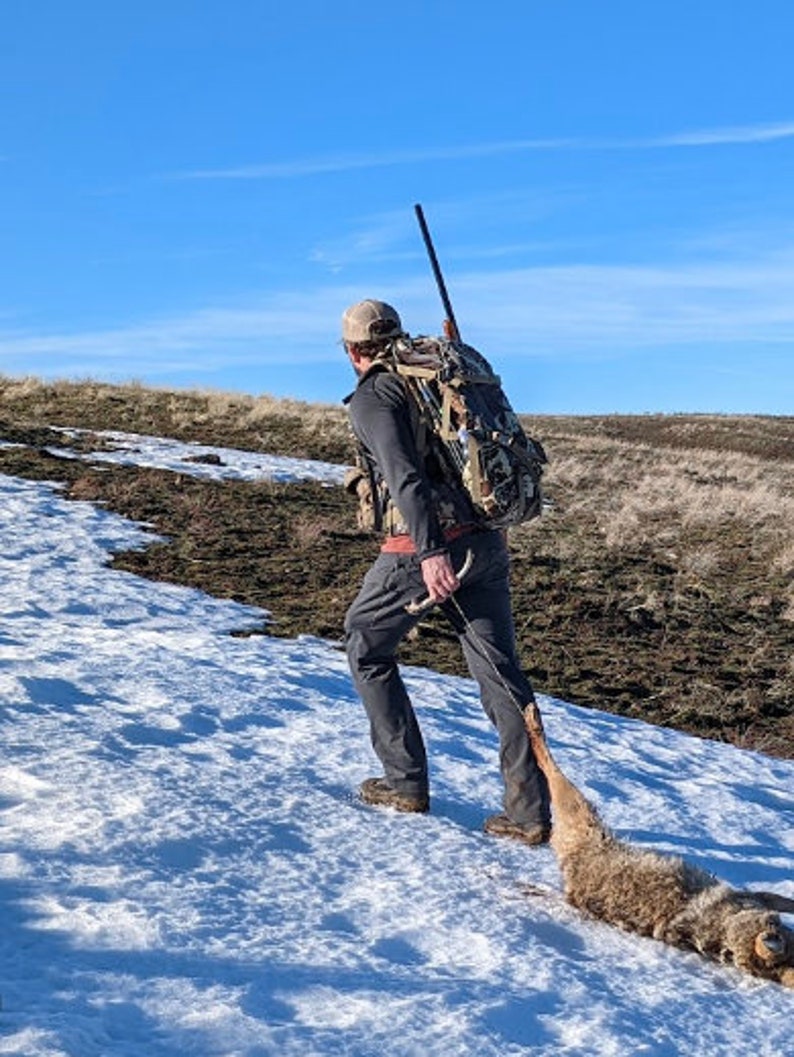 K&ouml;nnte beinhalten: Eine Person geht einen schneebedeckten Hang hinauf und tr&auml;gt ein Gewehr und einen gro&szlig;en Rucksack. Die Person zieht einen Kojoten hinter sich her. Der Himmel ist klar blau.
