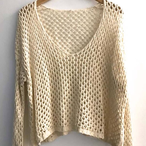 Fabulous deep V open mesh long sleeve cotton sweater