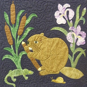 May include: A brown beaver with a green lizard and a snail on a dark blue background. The beaver is holding a branch in its mouth and has a green plant with brown reeds behind it. There are also purple iris flowers in the background.