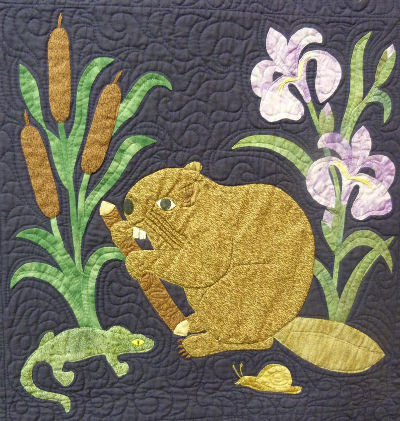 May include: A brown beaver with a green lizard and a snail on a dark blue background. The beaver is holding a branch in its mouth and has a green plant with brown reeds behind it. There are also purple iris flowers in the background.