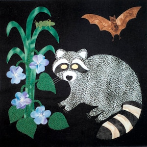 May include: A black and white raccoon with a striped tail sits on a black background. A brown bat flies above the raccoon. A green plant with blue flowers and a green grasshopper is on the left side of the image.