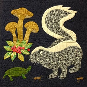 May include: A black and white skunk with a white stripe down its back is sniffing at a cluster of red berries on a green bush. There are three brown mushrooms behind the bush and a green turtle and two brown ants on the dark blue background.