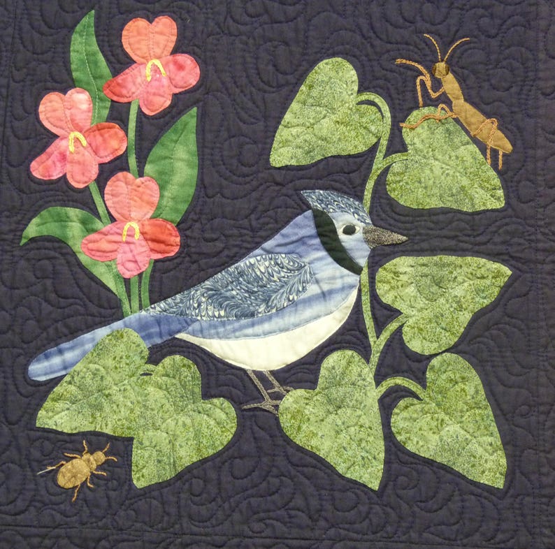 May include: A blue jay perched on a green leafy vine with pink flowers. The bird is facing right and has a white breast and blue wings. There are two brown insects on the vine.