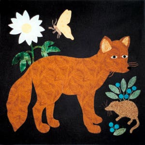 May include: A brown fox with a bushy tail stands on a black background. A white daisy with a yellow center is in the background, along with a yellow butterfly. A small brown mouse is in the foreground, near a green plant with blue berries.