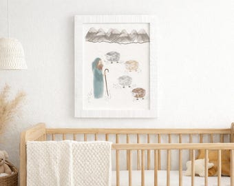 Psalm 23 Shepherd Nursery Art Print, Christian Nursery Wall Art, The Lord Is My Shepherd Watercolor, Neutral Faith Nursery Decor