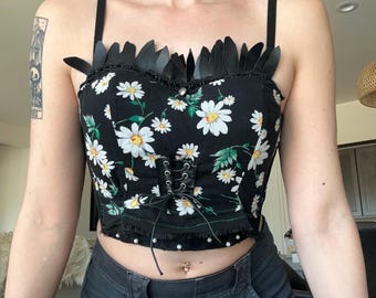 Upcycled/Reworked Black Daisy Soft Grunge Cottagecore Corset Floral Crop Top