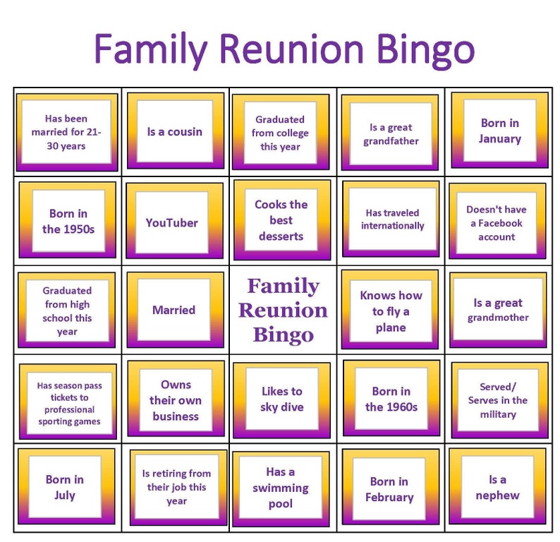 Family Reunion Bingo Cards Mix & Mingle Style Bingo | Etsy